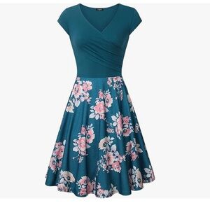 Green and Blue Fit and Flare Midi Dress with V-Neck with Pink Flowers